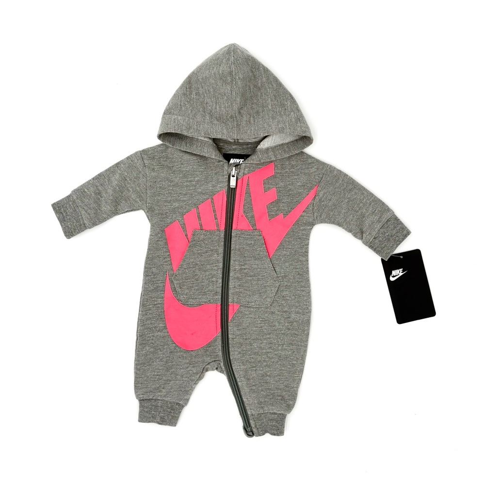 Nike‎ "All Day Play" hooded coverall in grey heather with a pink logo. NWT